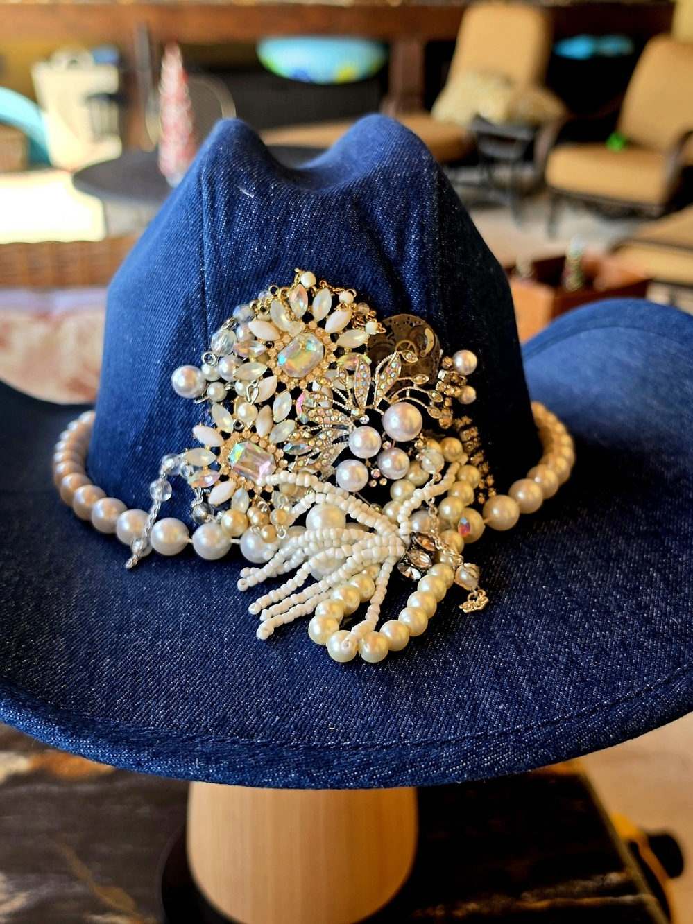Denim Pearl & Crystal Embellished Women's Hat - Blue